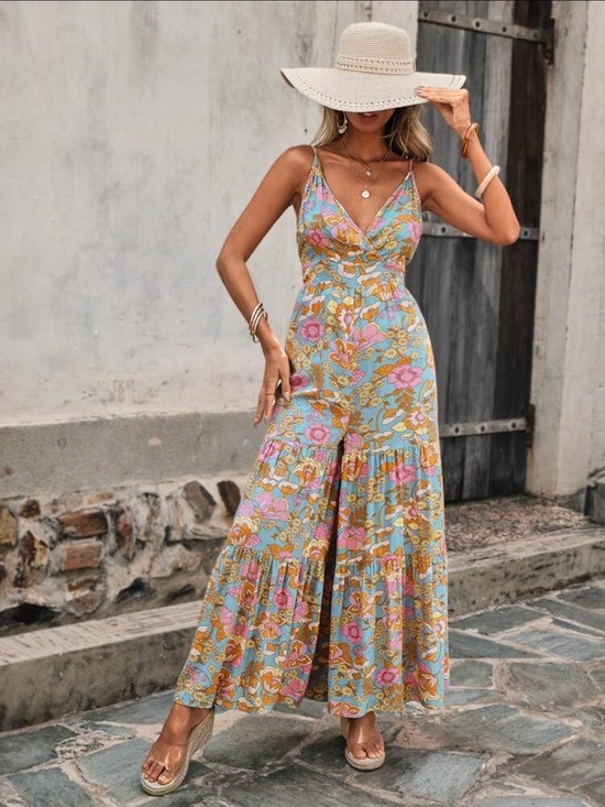 Emery Rose Pants - Floral Wide-Leg Jumpsuit in Light Blue and Pink